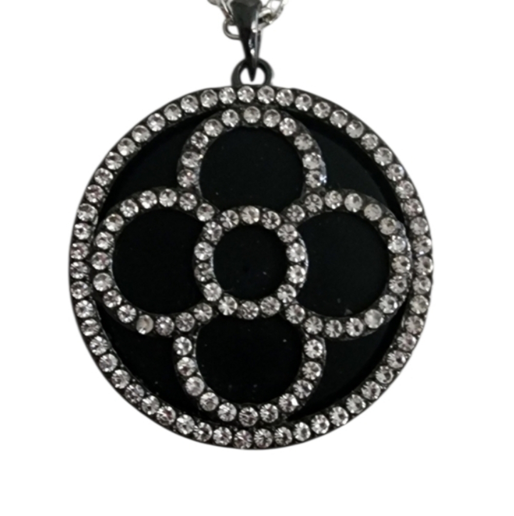 Black and Silvertone Floral Rhinestone Pendant Necklace
